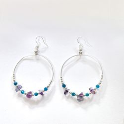 Natural Apatite Gemstone Silver Hoop Earrings