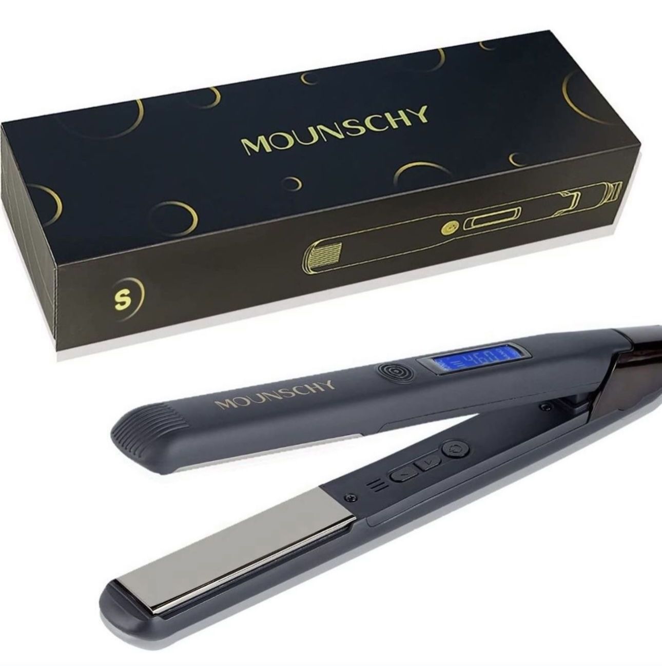 MOUNSCHY Titanium Flat Iron 1 Inch Professional Hair Straightener and Curler with LCD Control, Adjustable Temperature 200-460 ℉ Dual Voltage Fast Heat