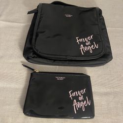 Victoria's Secret Travel Bag SET Small Zip Pouch Black pink Forever an Angel