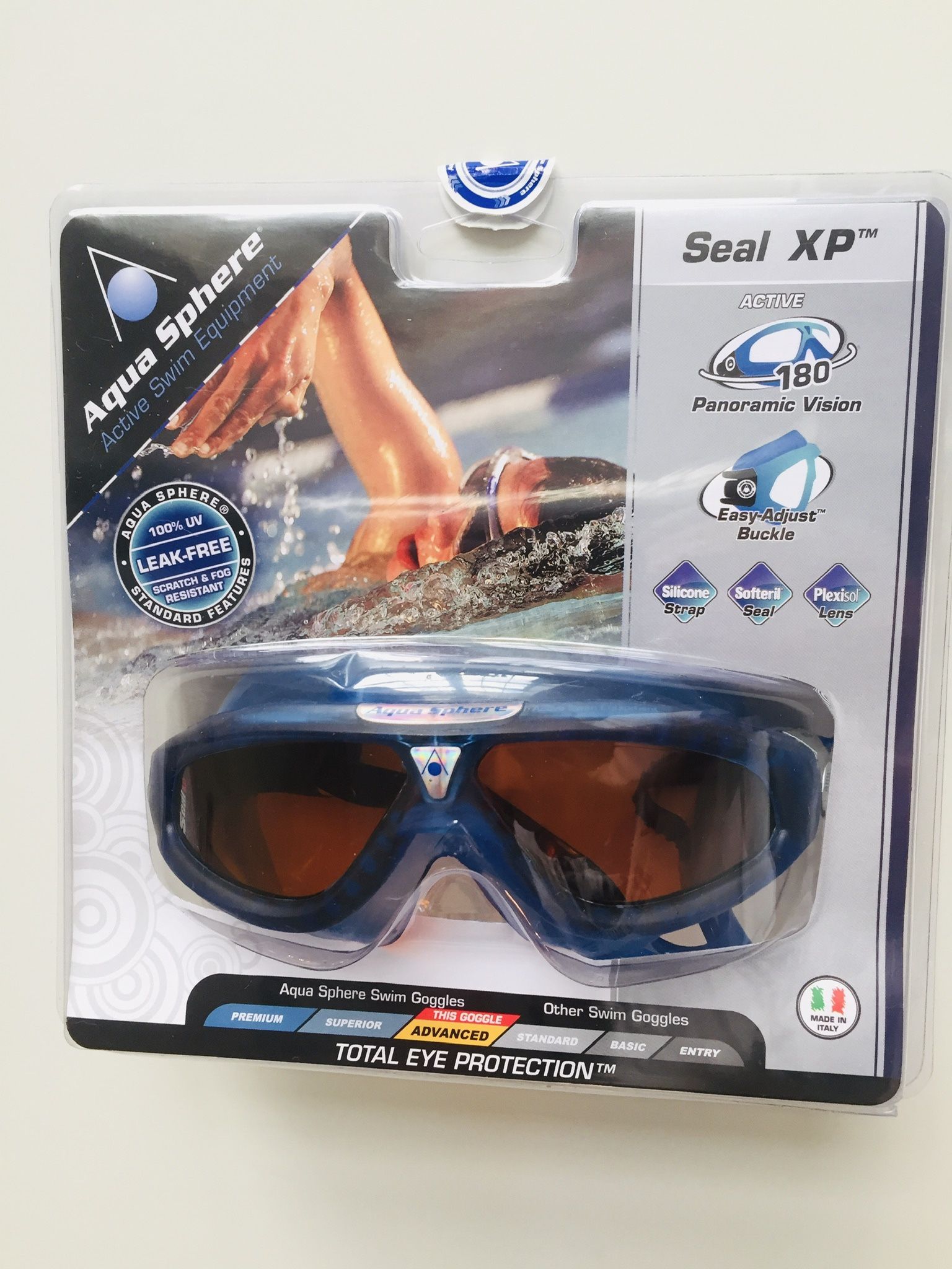 Aqua Sphere Seal XP Swim Mask. Made in Italy. Brand new. Still in original packaging. * Durable wrap-around Plexisol lens for 180-degree visibility.
