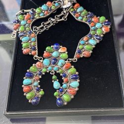 Vintage Navajo R.P sterling silver squash blossom Necklace With oyster cabochon Stones 