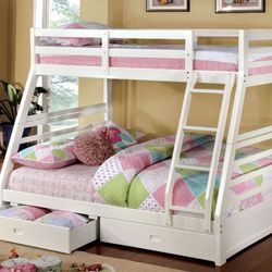 Twin/Full White Bunk bed w. Drawers & Ortho Mattresses Included 