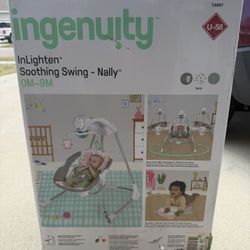 Ingenuity InLighten Baby Swing,  5-Speed, Swivel Infant Seat, Nature Sounds, Lights - Pink, Nally