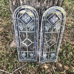 Pair of Vintage Arched Leaded Glass Window Panels - Cobalt Blue & Etched Dove & Tulips