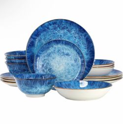 Elama Oceanus 16 Piece Round Shape Porcelain Double Bowl Dinnerware Set, Tableware Set