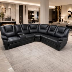 Black Leather Power Reclining Sectional Sofa – Modern Living Room Furniture