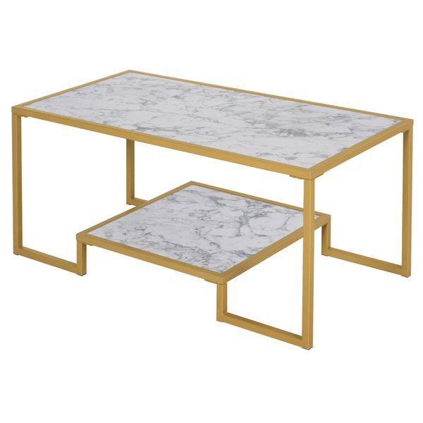 Modern Marble Texture Coffee Table End Side Desk with Storage Shelf Home Office