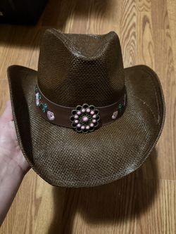 Straw Cowboy Hat for Women, Western Wide Brim Cowgirl Cap Brown Pink Flower Summer Sun Protection Breathable Lightweight Windproof Rope Panama Hat
