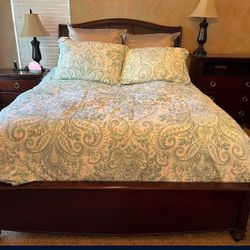 Good Condition 5 Piece Queen Bedroom Set Dark Wood With Silver Handles With Mirror Jewelry Armoire  (No Boxspring or Mattress)