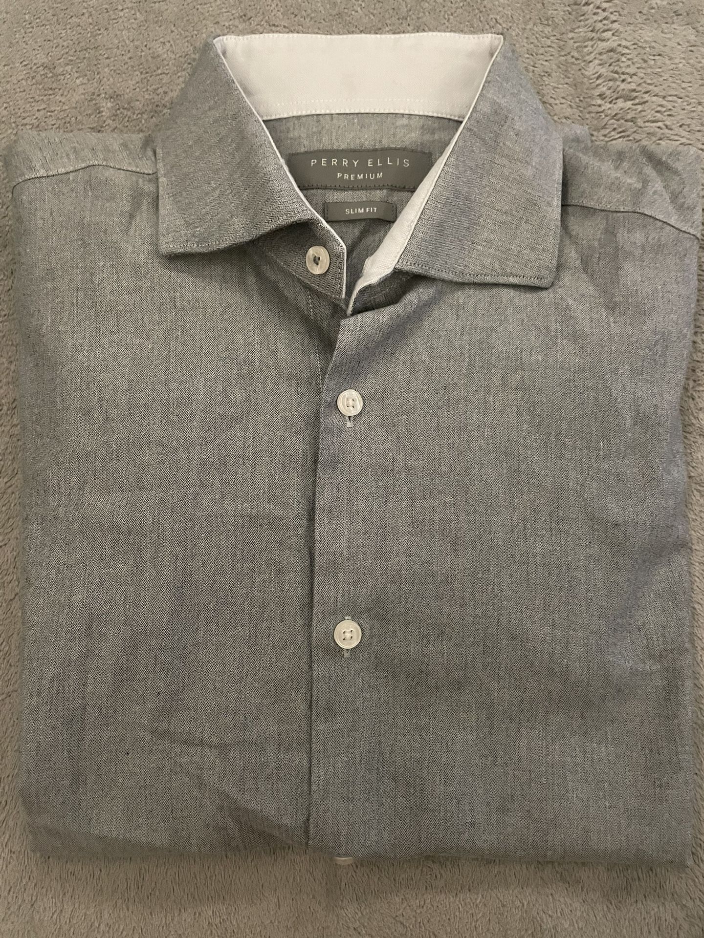 Perry Ellis Premium Slim Fit Gray Button-Down Dress Shirt Men’s 15 32/33