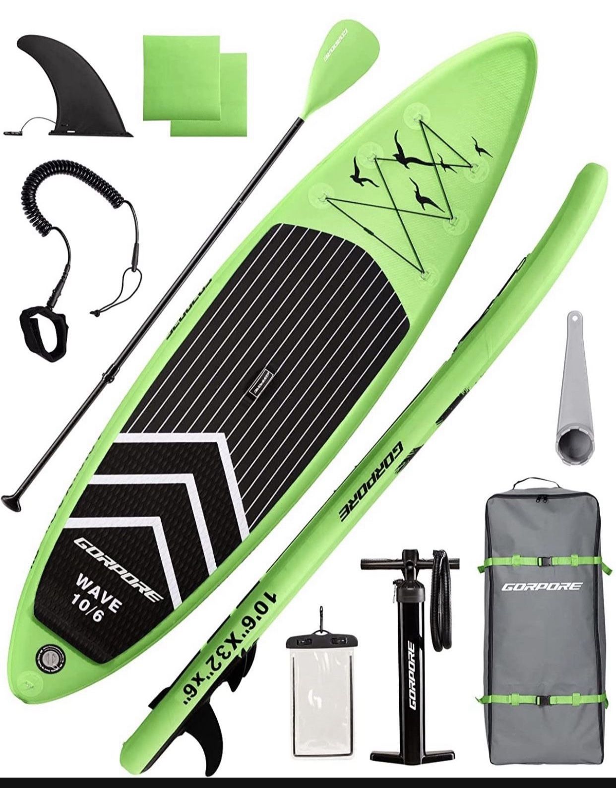 10.6’x32’’x6’’(19.4lbs) Inflatable Stand Up Paddle Board with SUP Accessories & Backpack, Removable Fin, Leash, Adjustable Paddle, Pump, Waterproof Ph