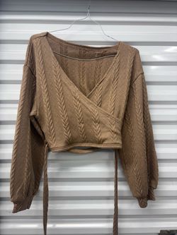 Beige Cable-Knit Wrap Sweater with Tie Waist Women V-Neck Long Sleeve L