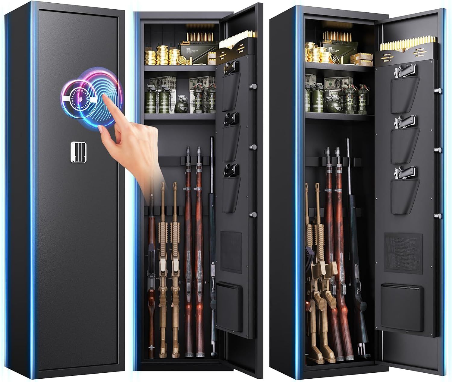 8-10 Gun Safe for Home, Quick Access Pistols Rifles & Shotgun Gun Cabinet, Biometric Fireproof Safe, Large Gun Safe with Silent Mode, for Closet, Bedr