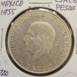 1955 Mexico Cinco Pesos Silver Coin