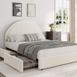 Full Boucle Bed Frame with 2 Storage Drawers - Soft Upholstered Platform, Round Headboard, Wooden Slats, Noise-Free, No Box Spring Needed