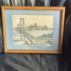 Hand Colored etching of Golden Gate Bridge Signed Martin Tang.