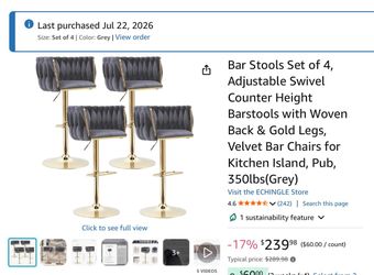 Set of 4 Grey Velvet Bar Stools — $150