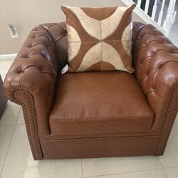 Bentar 360 Degree Swivel Upholstered Club Chair with Nailhead Trim, Cognac