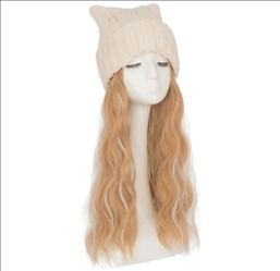 Cat Ear Beanie Hat Wig Wavy Hair Attached 17" Light Honey Blonde & Platinum Highlights