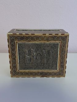 Antique Qajar Era Persian Mother Of Pearl Mosaic Silver Box