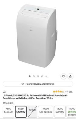 LG New 8,350 BTU 350 Sq Ft Smart Wi-Fi Enabled Portable Air Conditioner with Dehumidifier Function, White No remote or accessories New out of box