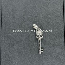 David Yurman Silver & Black Diamond Skull Key Pendant 
