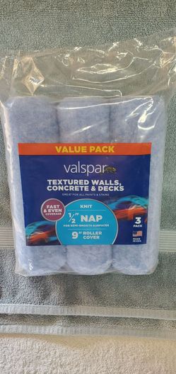 9" Paint Roller, Valspar 3 -Pack 9.0-in x 1/2-in Nap Textured Walls, Ceilings, and Concrete Standard Knit Paint Roller Cover