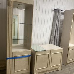 Set Of Cream Tall Cabinets W/ Lights And Glass Shelves 82” H