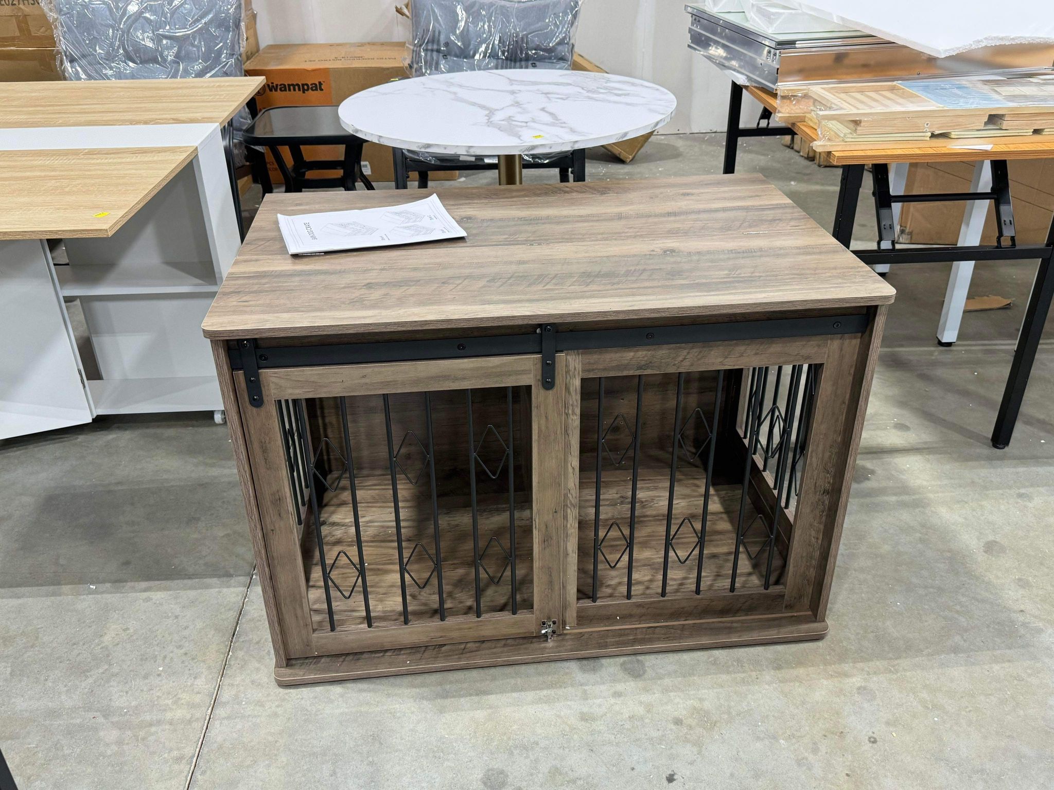 Large Dog Crate Furniture w/Sliding Barn Door, Wooden Indoor Dog Kennel w/Flip-top, 39.4'' Heavy Duty Modern Puppy Dog Cage End Table w/Detachable Div