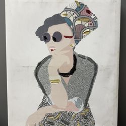 Modern Mixed Media Canvas Portrait – Woman with Headwrap & Sunglasses – 2.2ft x 1.7ft