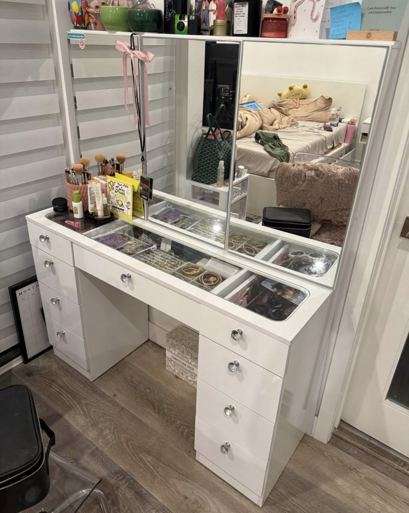 White Vanity Makeup Desk with Glass Top & Tri-Fold Mirror - 9 Drawers