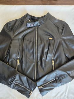 GUESS Women's Black Leather Biker Jacket, Medium