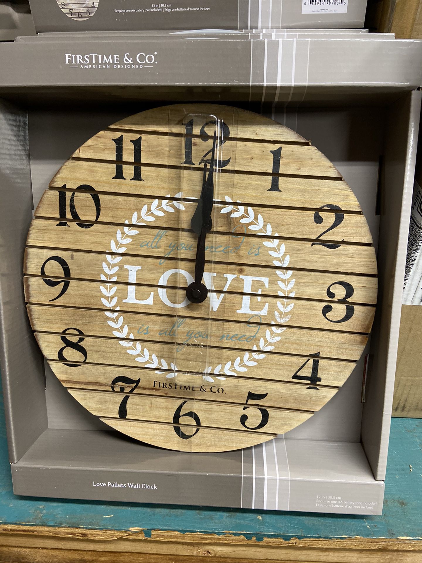 Pallet wood look love clock brand new 12”