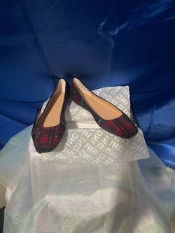 INC -Macy’s Sparkling Rhinestone Red Plaid Juney4F Size 9 Ladies Flats.