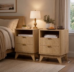 Nightstand set of 2, natural oak side tables with charging station port