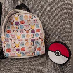 Pokemon Pokeball Graphic Mini Backpack, Multi-Color  with chained zipper pouch. 