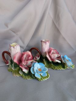 Capodimonte Porcelain Rose and Blue Flower Taper Candle Holder Pair