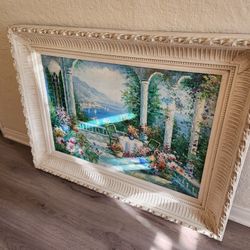 Original Hand-Painted Oil Painting. Mediterranean Garden Terrace, Framed Art.