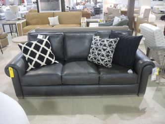 Hancock and Moore Charcoal Leather Roll Arm Sofa - Nailhead Trim, Designer Floor Sample