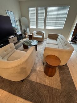 Cream Tufted Sofa and 2 Accent Chair Set