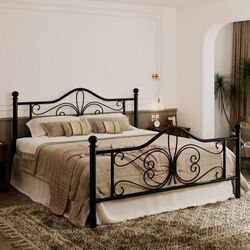 Queen Size Vintage Metal Bed Frame with Butterfly Pattern Design Headboard & Footboard, Black