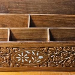 Vintage letter/desk rosewood organizer carved flowers 