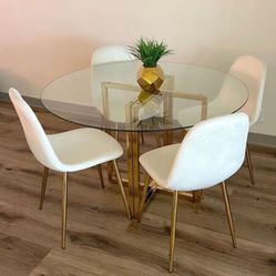 White Gold Velvet Circle Glass Dining Table and 4 Velvet Chairs