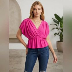 Express Womens Blouse Top Peplum Hot Pink V-Neck Ruched Puff Sleeve Barbiecore