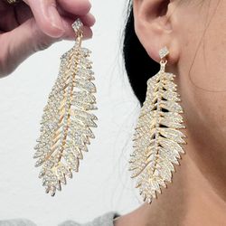 Gold white rhinestones diamond crystals drop dangle feather Shape earrings Gift
