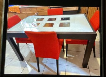 Modern Glass Dining Table Set with 4 Red Chairs – $$98