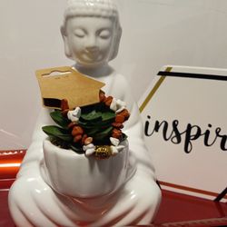 Brown And White Stone Elastic Bracelet With Gold Buddha 