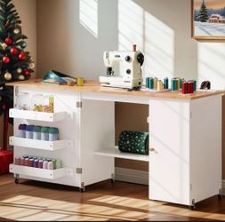 DWVO Folding Sewing Table w/Charging Station, Sewing Table with Storage, Multi-Craft Desk with Lockable Casters, Magnetic Doors, Hidden Storage