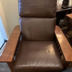Leather Recliner, Wood Arms
