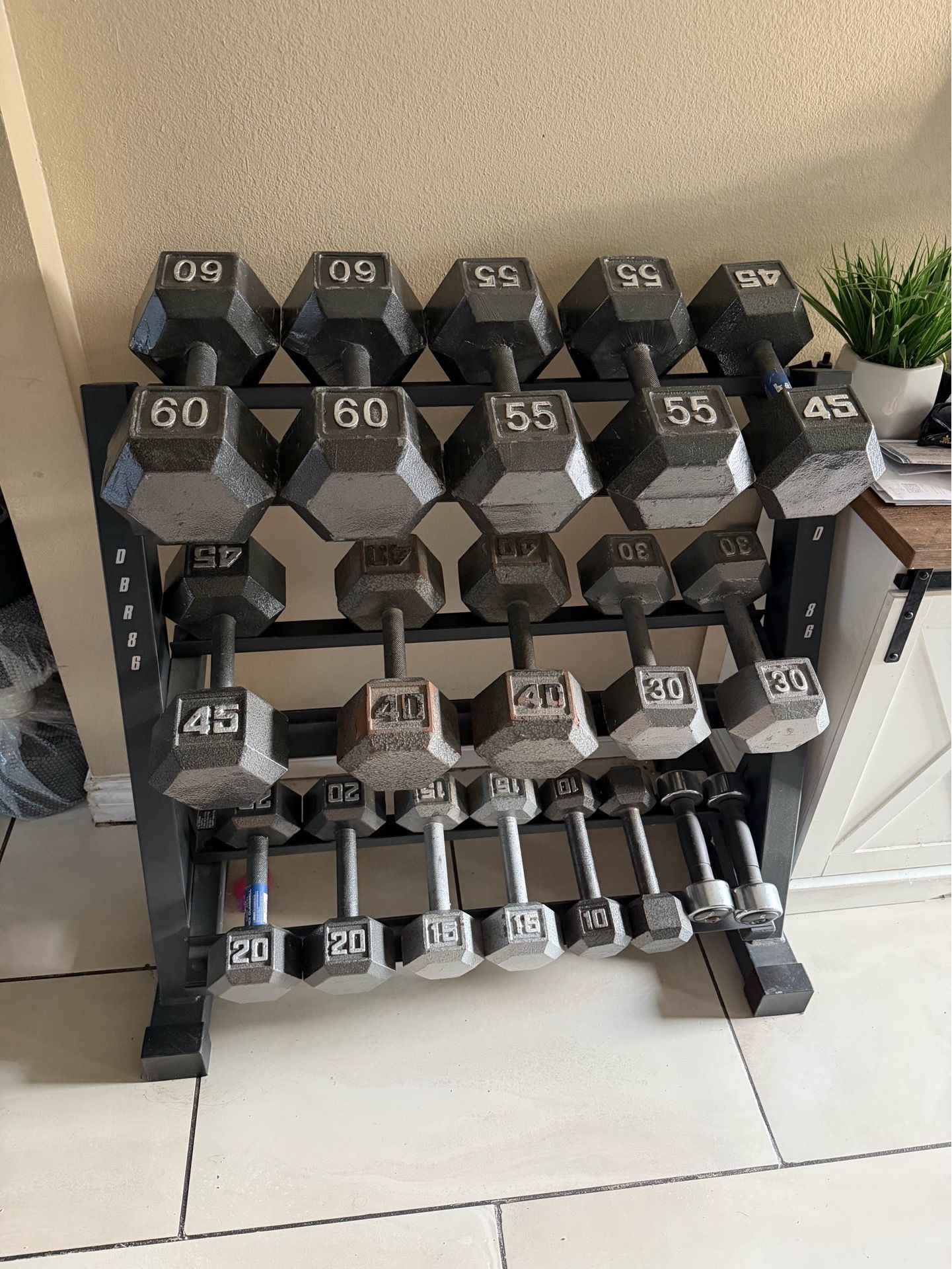 Dumbbell weights 5-60lbs plus rack 560lbs total